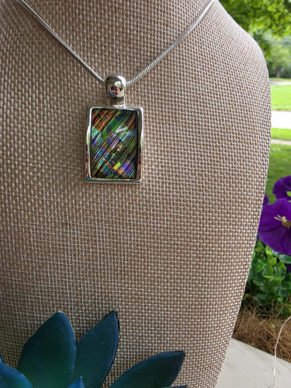 Kenneth Cole Silver Pendant Necklace with Iridescent Green Blue Purple Inlay
